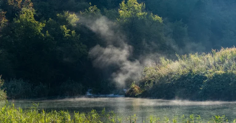 Morning mist over a lake at Plitvice Lakes National Park.